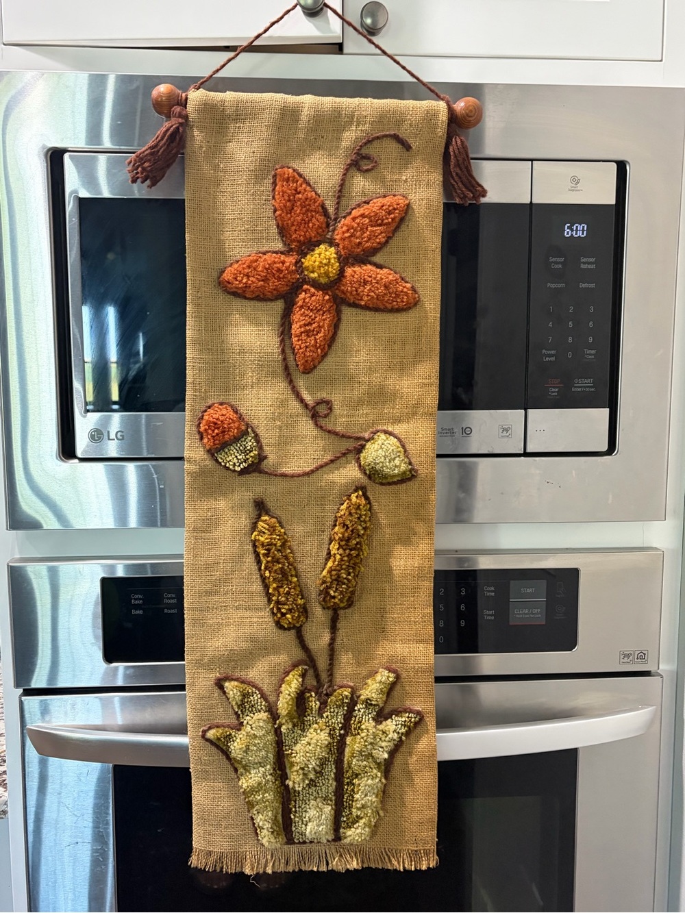 Handmade Rustic Burlap Floral Hooked Wall Hanging - Orange & Yellow